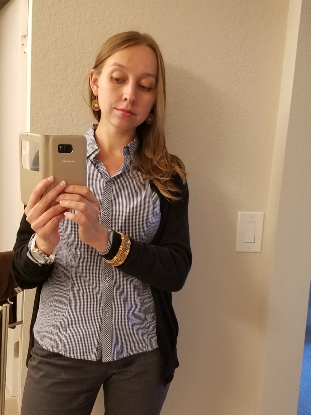 Blue & White Gingham Tailored Button-Down Shirt – Business Style – S/XS